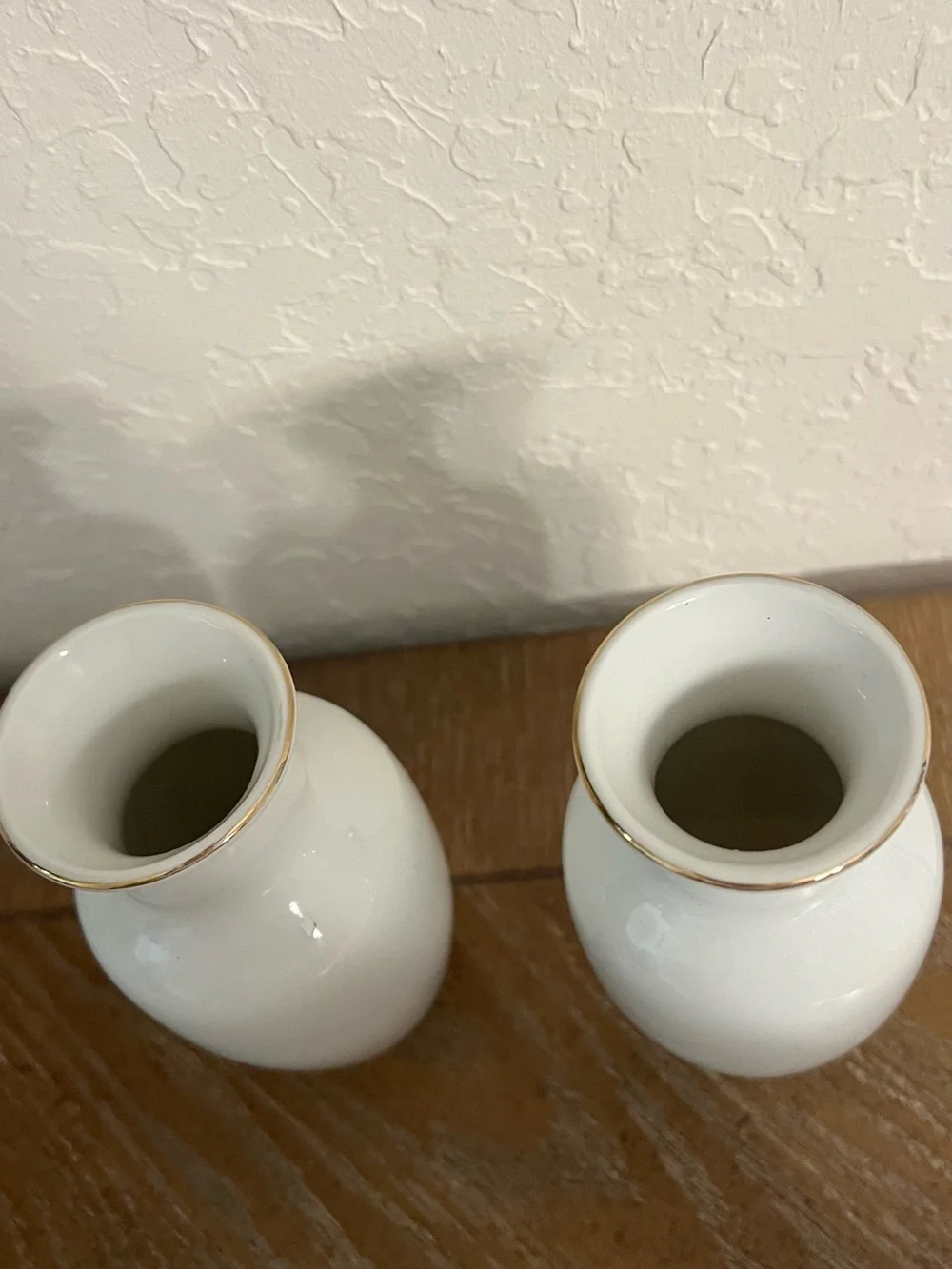 Pair of White Ceramic Vases with Gold Trim and Coral Floral Motif